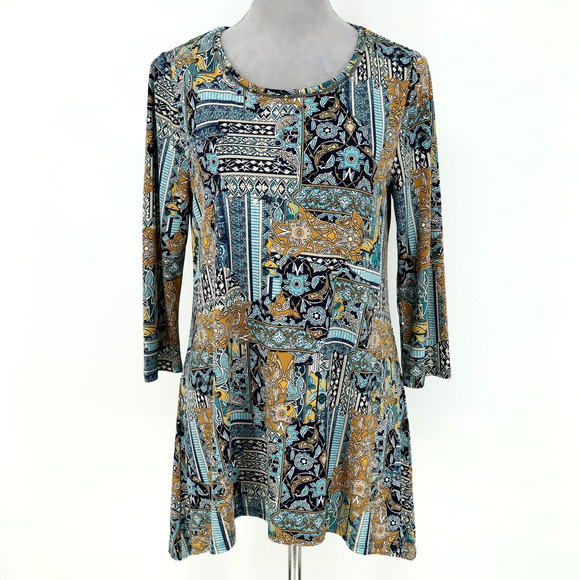 Chicos Top 0 Womens Small Blue Black Neck Beads Stretch Knit Blouse Tunic - Picture 1 of 14